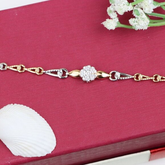 Elegant Rose Gold+Silver Floral Bracelet with Sparkling Center, XPBL0724 - Picture 12 of 12